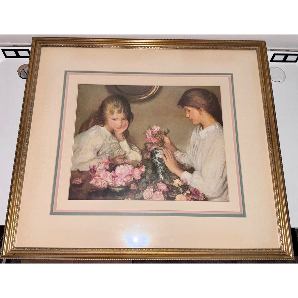 Bombay Company Framed Art Print 27x24 Excellent Women with Pink Roses Gold Frame